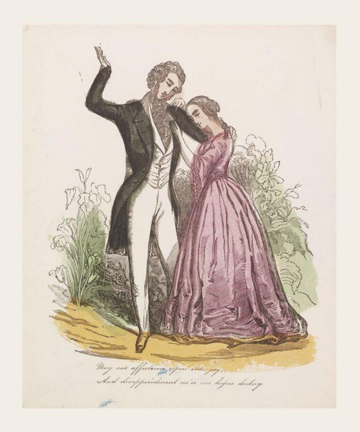 Drawing of a man and woman in 19th century dress (the woman is wearing a pink dress, the man is wearing coat-tails with cream trousers and waistcoat. The caption reads ''May our affections ripen into joy, And disappointments ne'er our hopes destroy'