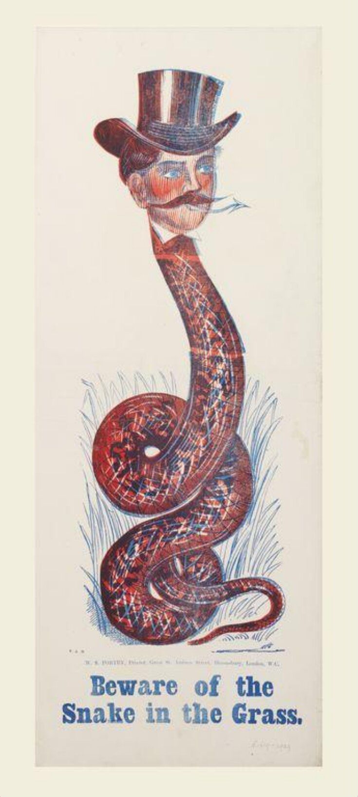 Comic valentine depicting a coiled snake with the head of a gentleman wearing a top hat, and the caption 'Beware of the Snake in the Grass'.