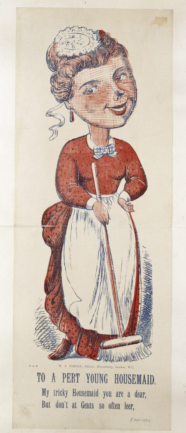 Comic valentine depicting a housemaid wearing a red dress with white apron and cap, and holding a broom. Caption reads 'To a pert young housemaid. My tricky housemaid you are a dear, But don't at gents so often leer.