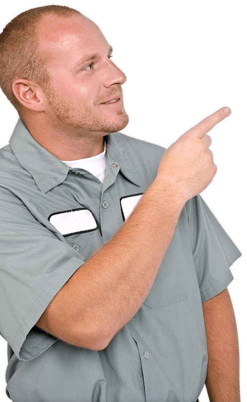 Man in gray shirt pointing to the right.