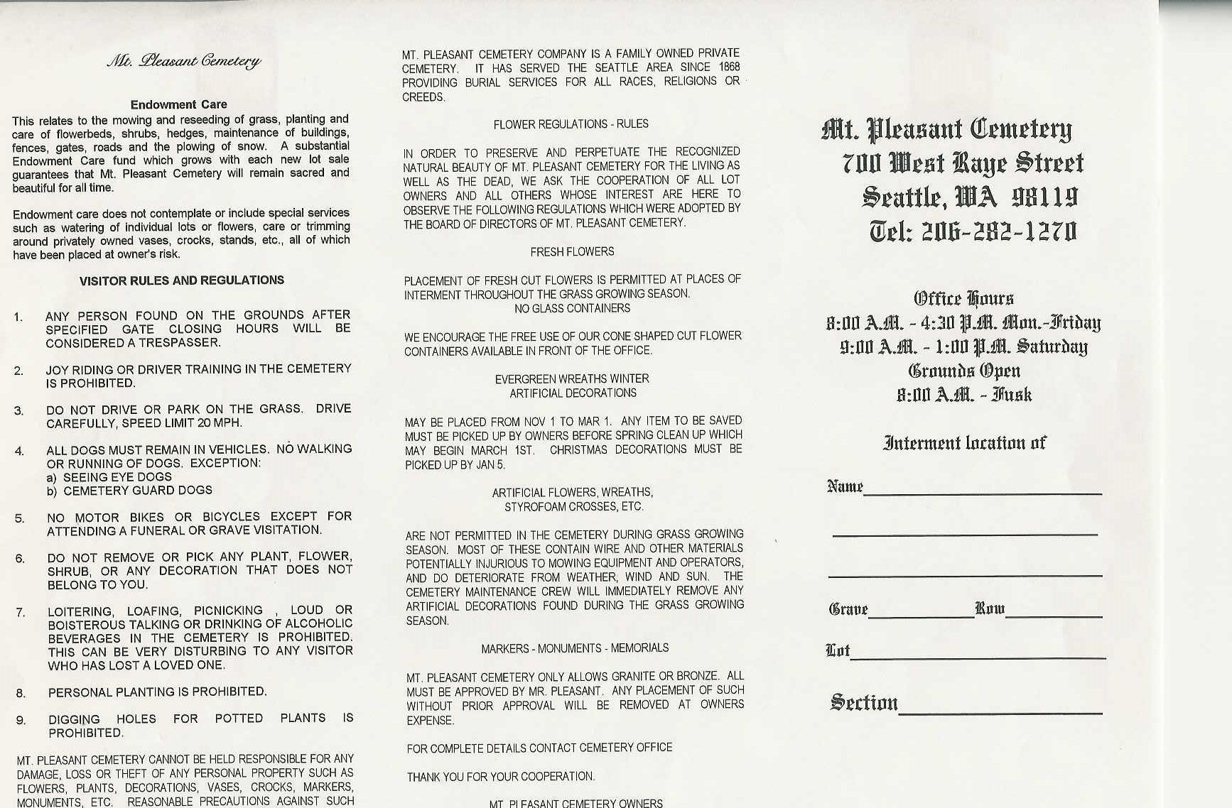 Cemetery Brochure — Seattle, WA — Mt Pleasant Cemetery