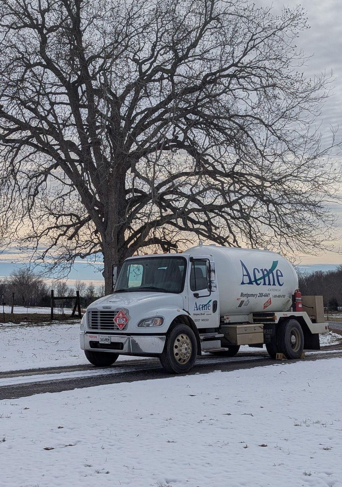 An Acme bobtail tanker truck is parked in the snow in front of a tree.