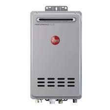 A rheem water heater is sitting on top of a white surface.