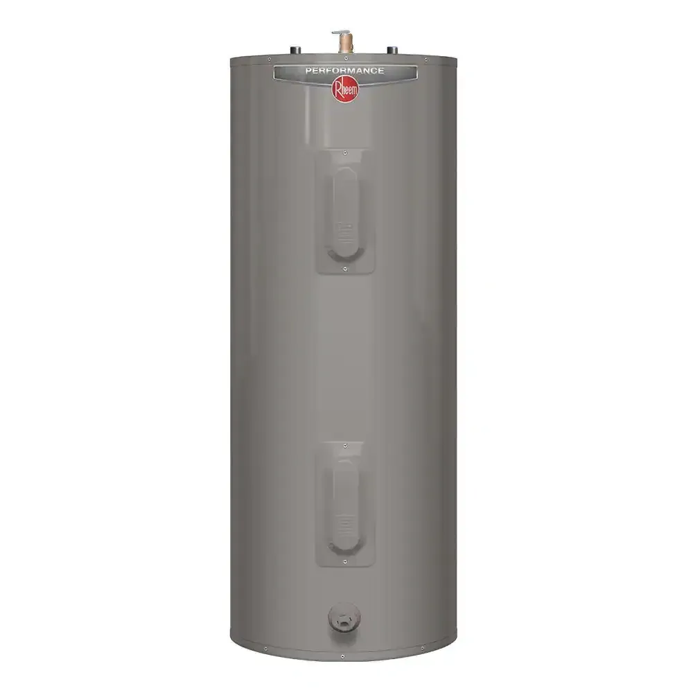 A gray electric water heater on a white background.