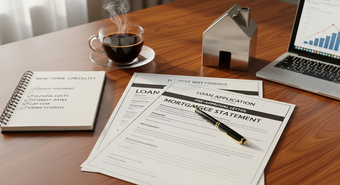 A wooden desk with a hot cup of coffee, a small model house, a laptop showing a chart, and mortgage statement documents.