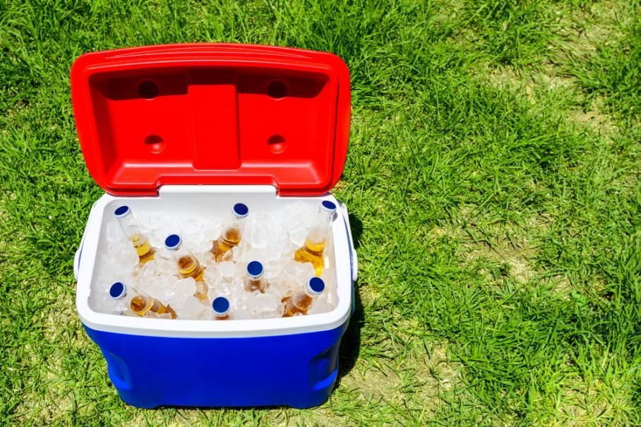 A Blue Cooler Filled with Ice and Beer Is Sitting on Top of A Lush Green Field — Cool Blue Ice & Water in Murrurundi, NSW