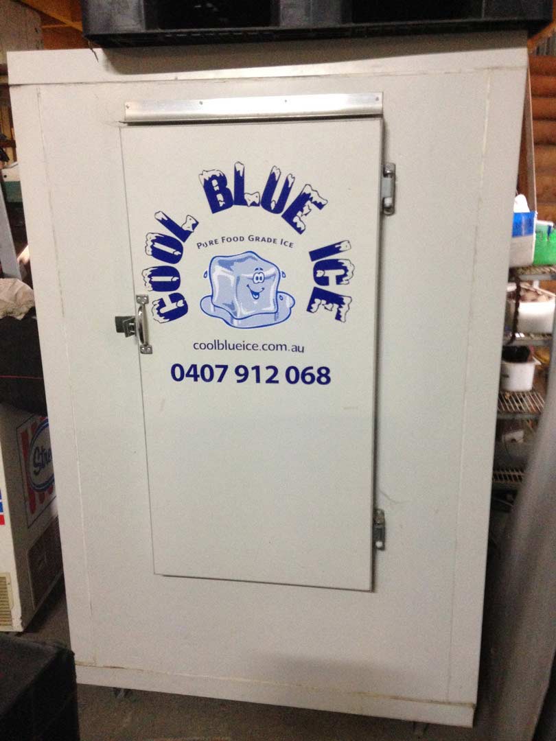 A White Door with A Blue Sticker that Says Cool Blue Ice — Cool Blue Ice & Water in Forbes, NSW