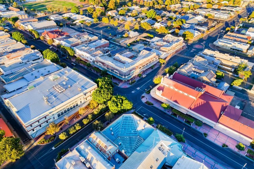 An Aerial View of A City with Lots of Buildings and Trees — Cool Blue Ice & Water in Moree, NSW