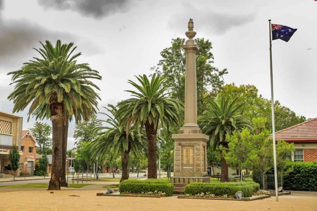 A Statue in A Park with Palm Trees and A Flag — Cool Blue Ice & Water in Muswellbrook, NSW