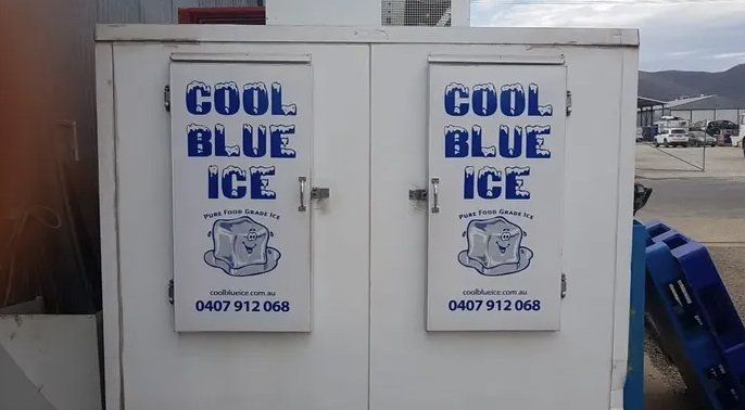 A White Refrigerator with Two Doors that Says Cool Blue Ice on It — Cool Blue Ice & Water in Walgett, NSW