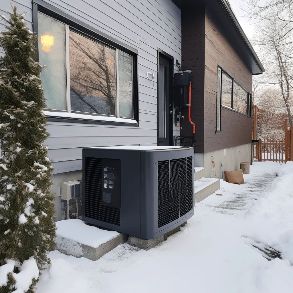 An air conditioning unit outside a modern gray and brown building, snow on the ground.