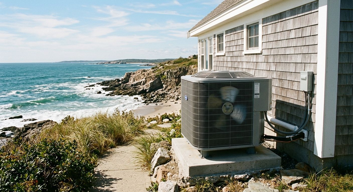 An outdoor air conditioning unit sits on a concrete pad next to a shingled house overlooking a rocky coastal beach.