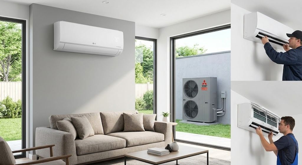 A residential interior showing a wall-mounted air conditioner, an outdoor heat pump, and a technician installing a unit.