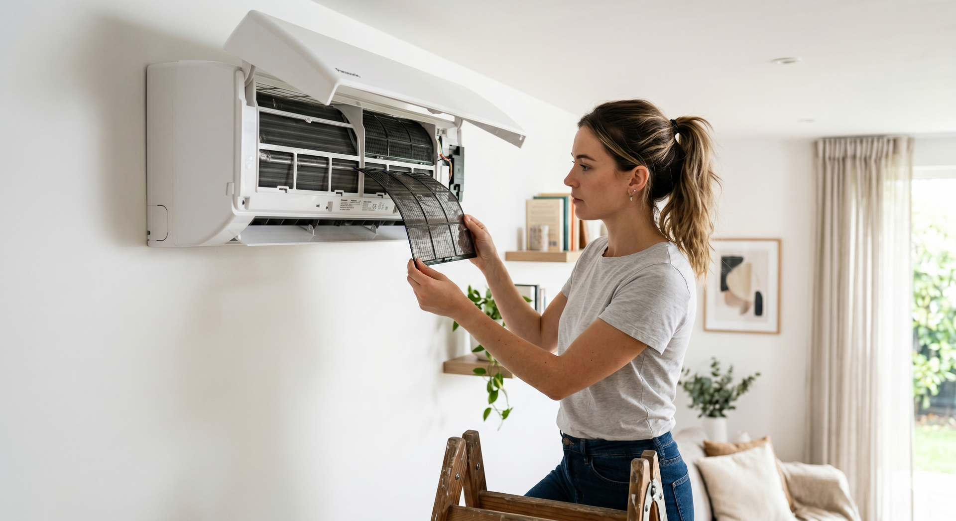 Woman cleaning wall-mounted air conditioner in a bright living room