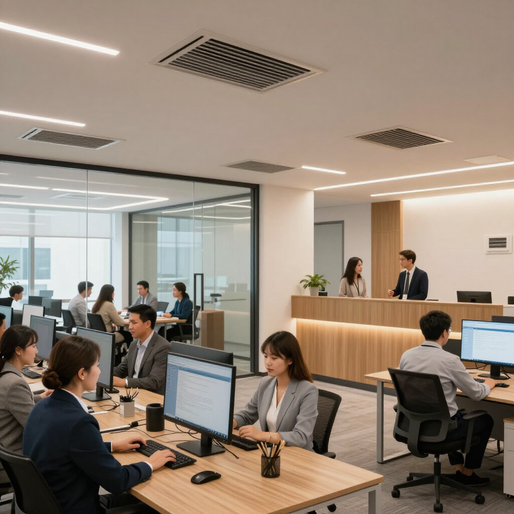 Open-plan office with employees working at computers and a reception desk in the background