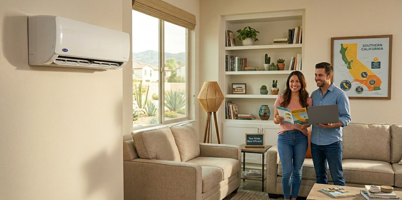 A couple stands in a bright living room with a white wall-mounted air conditioner, talking while looking at a laptop.