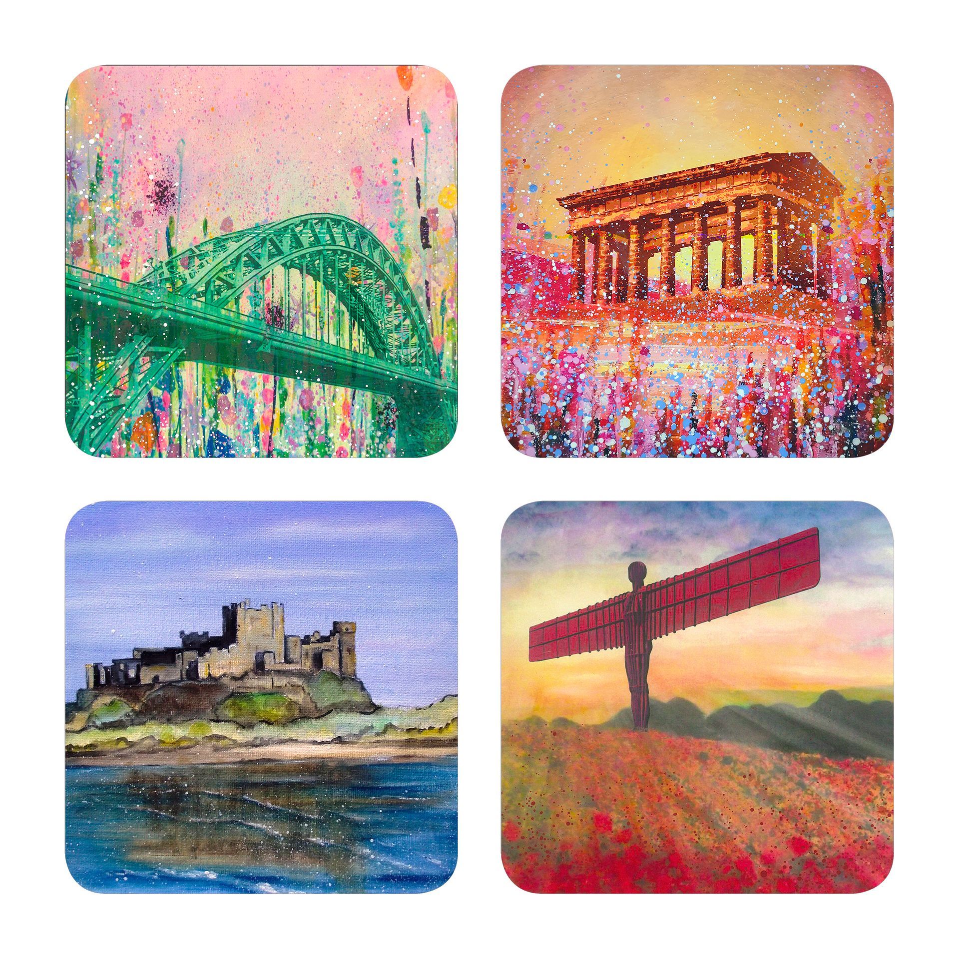 North East Souvenirs, North east, Tyne Bridge, Penshaw monument, Bamburgh Castle, Angel of the north, Coasters set of 4 in a box