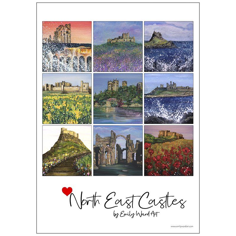 North East Castles tea towel, Art tea towel, Northumberland castles tea towel, cotton art print tea towel