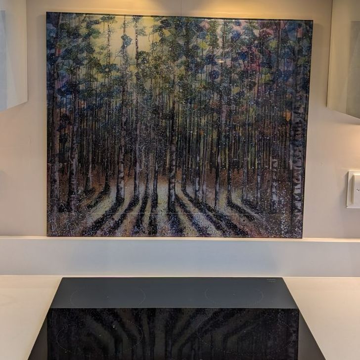 trees artwork painted kitchen glass splashback