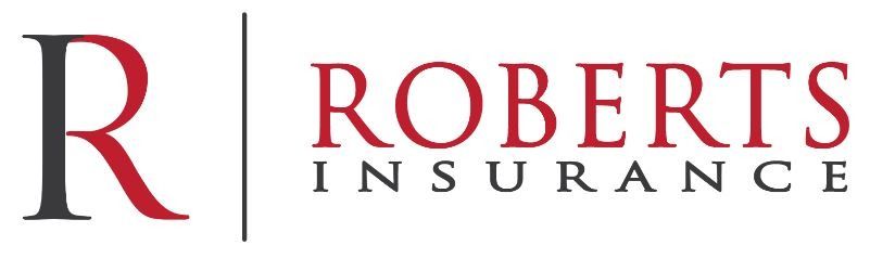 Logo for Roberts Insurance, featuring a large, stylized letter R in red and grey next to the company name in red and grey.