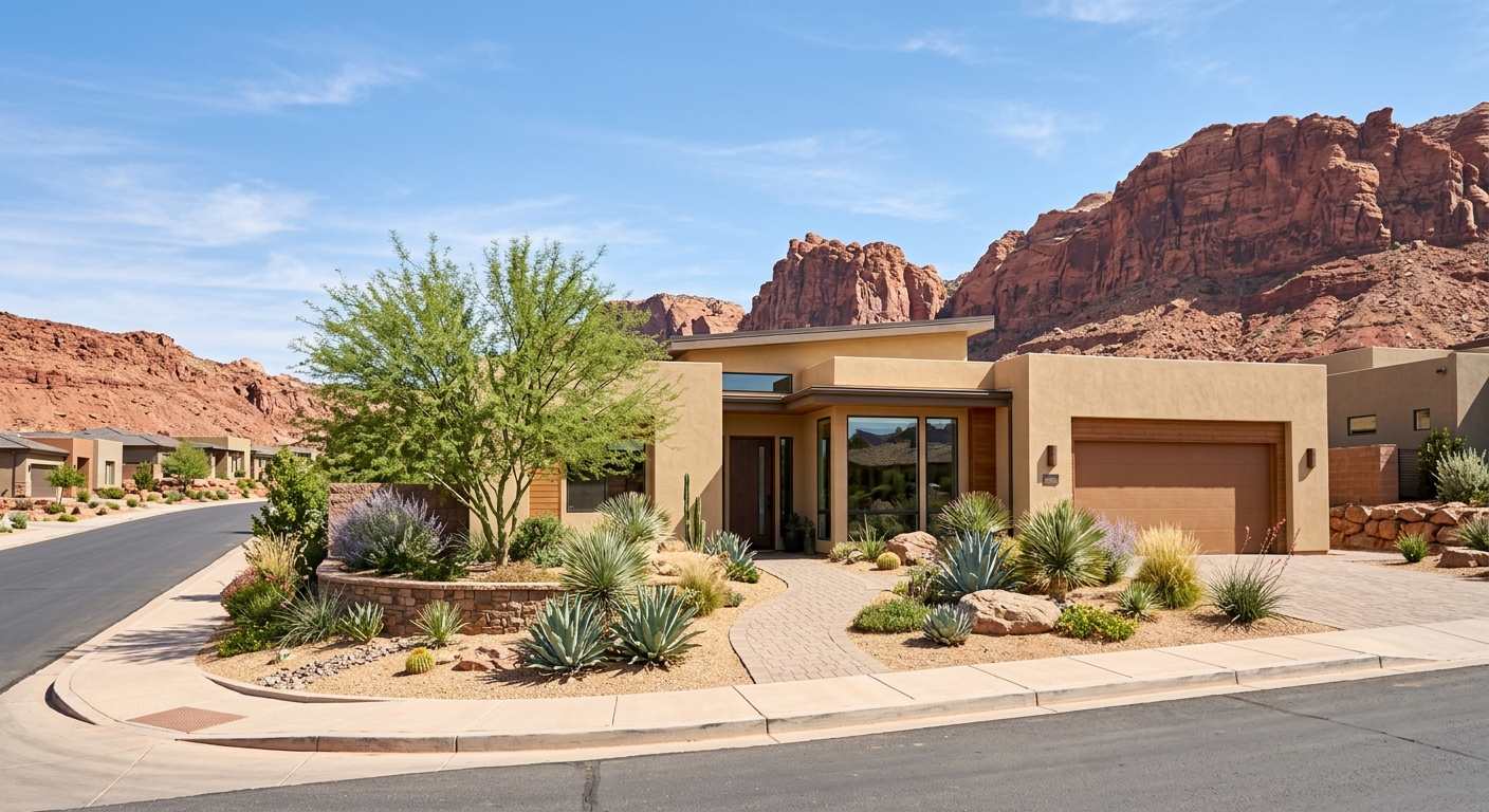 Aerial view of a residential neighborhood in St. George, Utah with red rock desert landscape in the background under a