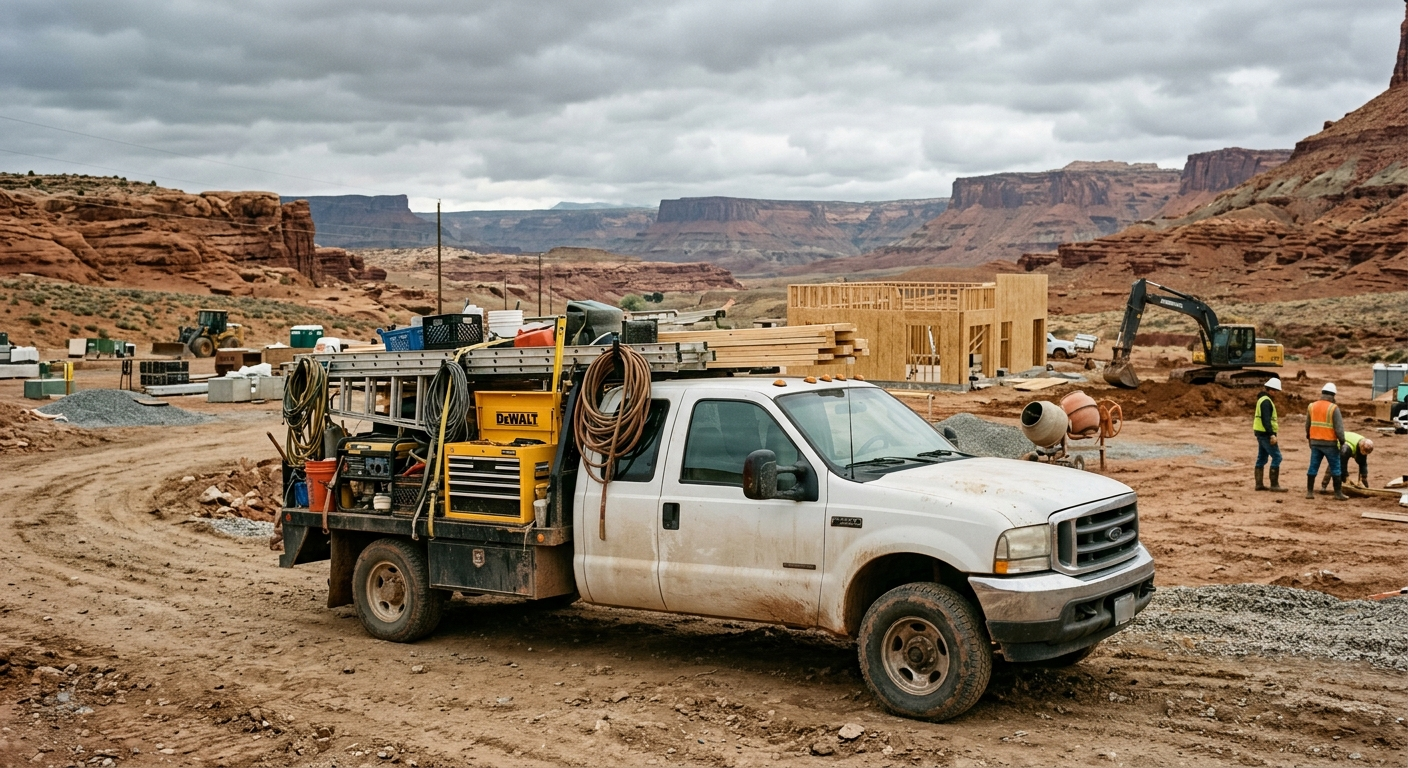 A commercial semi-truck driving along a desert highway in southern Utah with red rock formations in the background under a