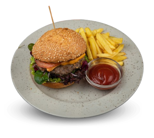 Un hamburger e patatine fritte su un piatto con ketchup.