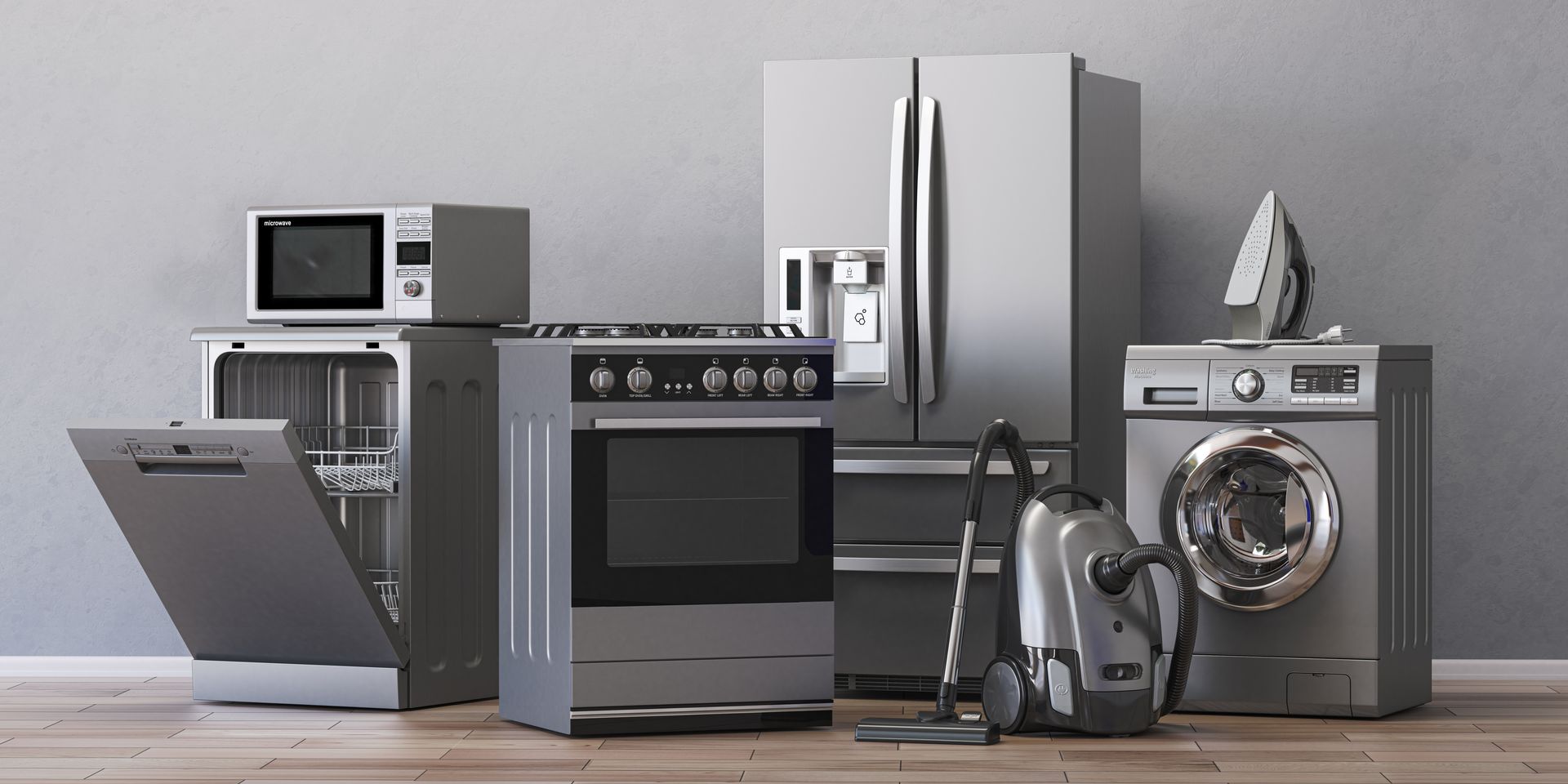 home appliances including washing machine, fridge, microwave, and dishwasher