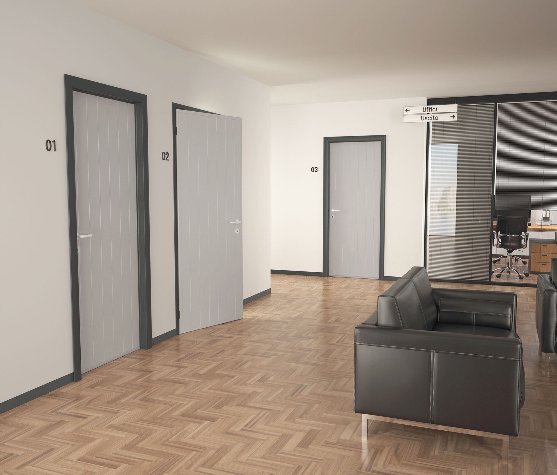 Moderna sala d'attesa con porte grigio chiaro, divano in pelle nera e pavimenti in legno.