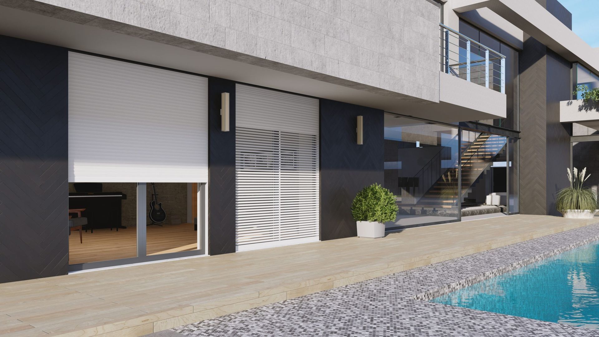 Vista esterna di una casa moderna con persiane avvolgibili che coprono parzialmente le finestre vicino a una piscina.