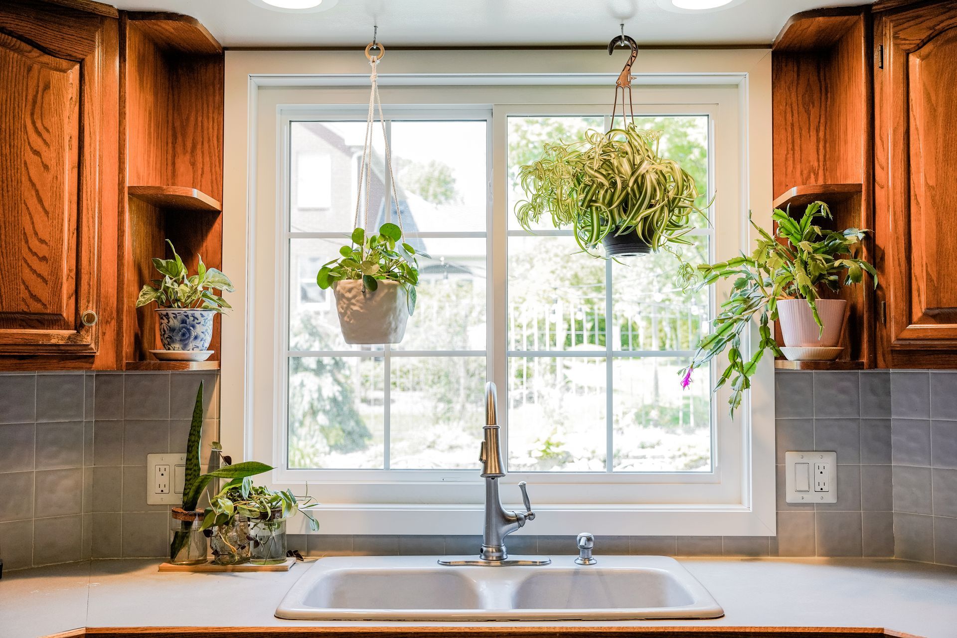 A kitchen sink with potted plants hanging from the window.