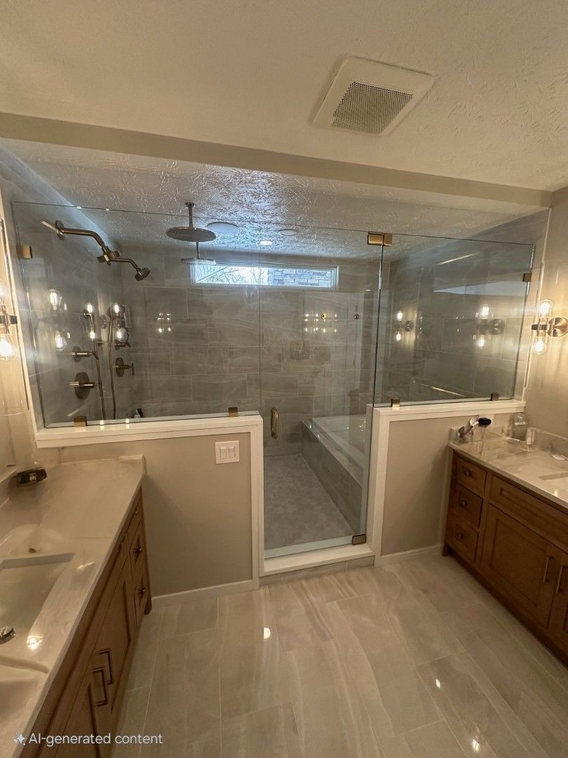 A bathroom with a walk in shower and a bathtub.