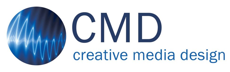 A logo for cmd creative media design with a blue circle