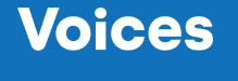 The word voices is written in white on a blue background.
