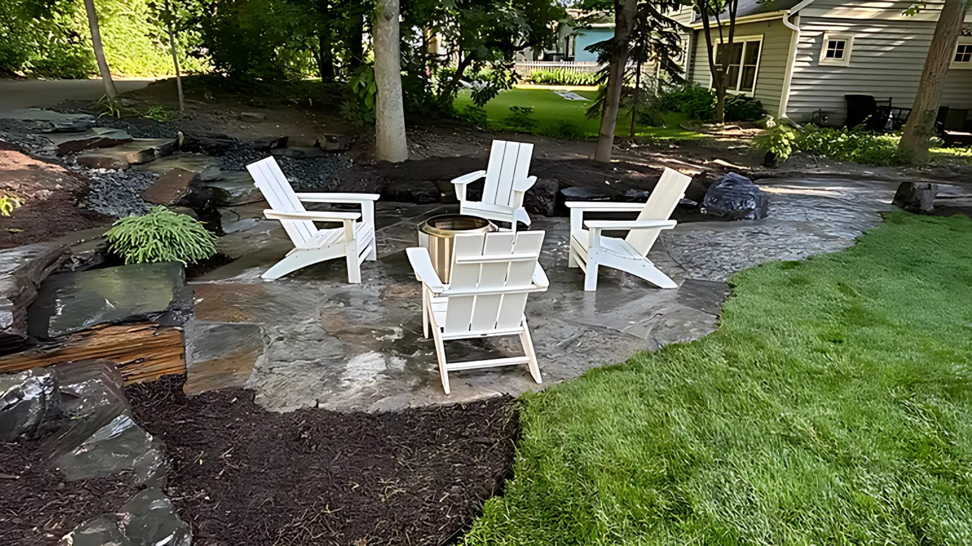 Three white chairs are sitting on a patio in a backyard.