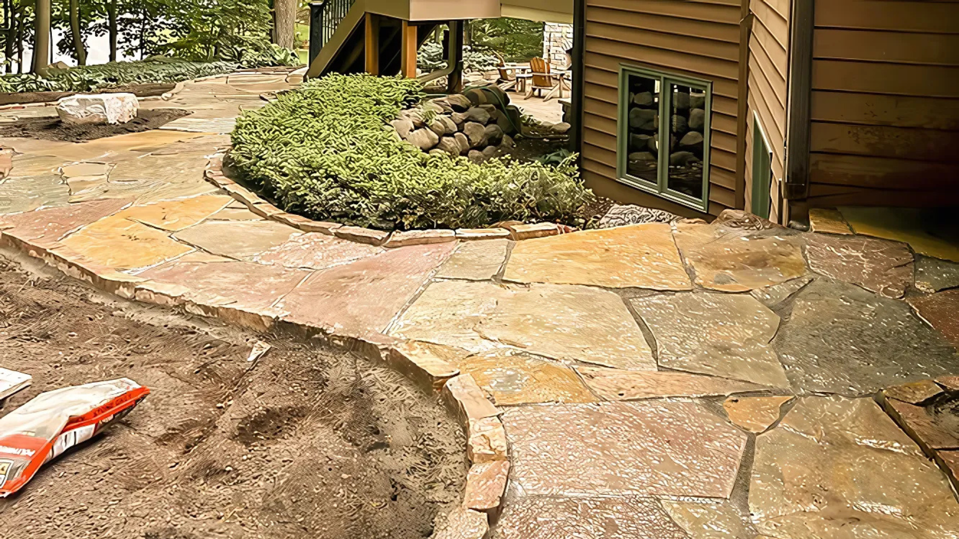A stone walkway is being built in front of a house.