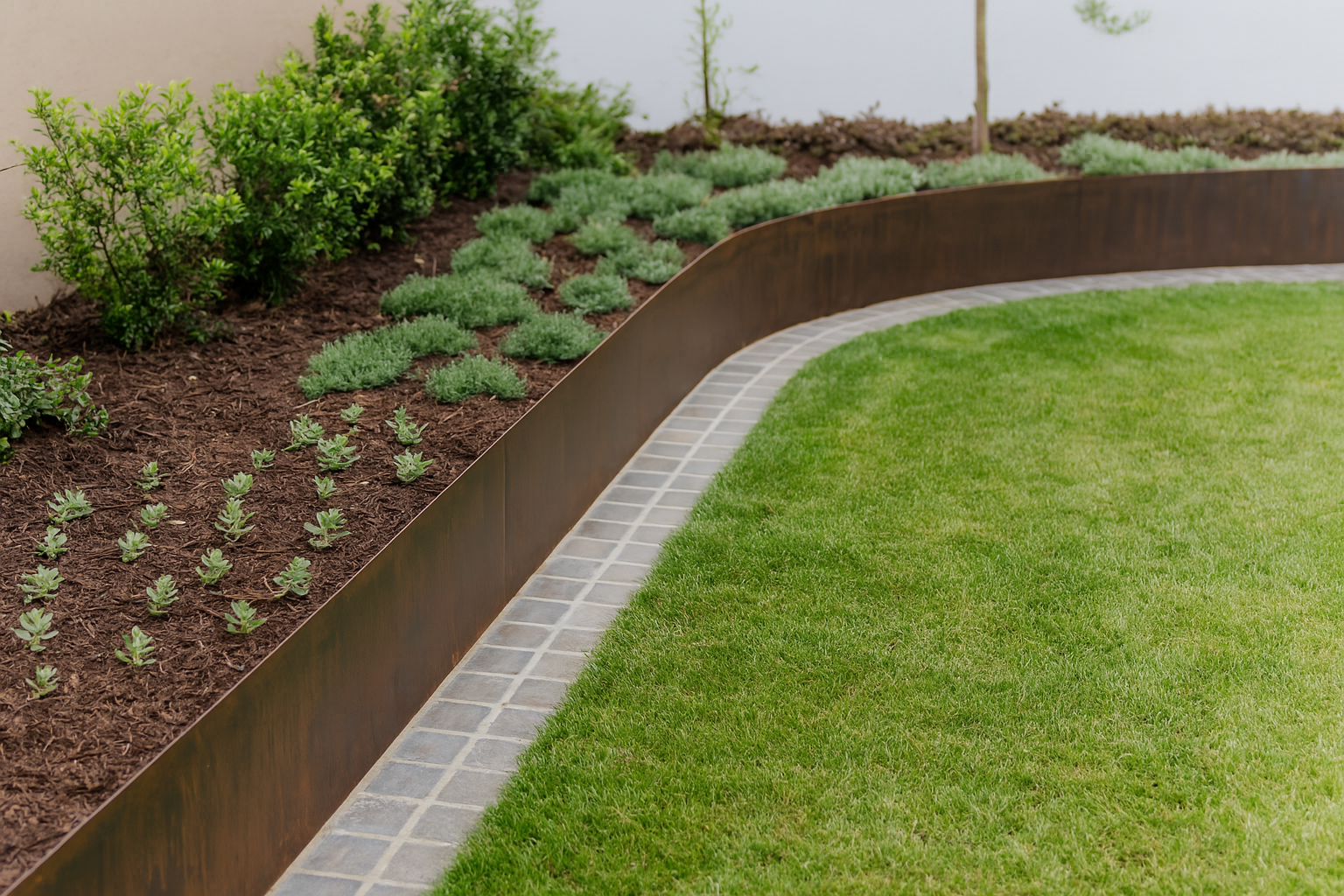 Curved garden bed with metal edging, containing greenery and mulch next to a paved path and lawn.