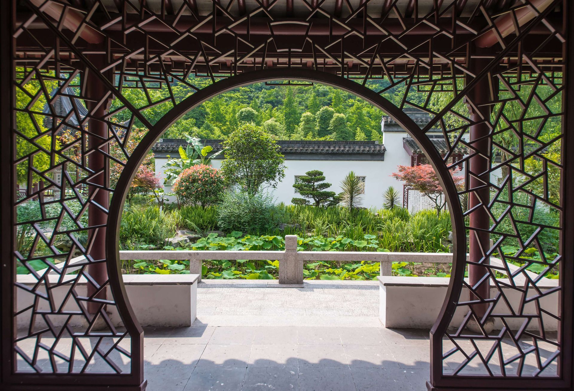 A view of a garden through a round archway.