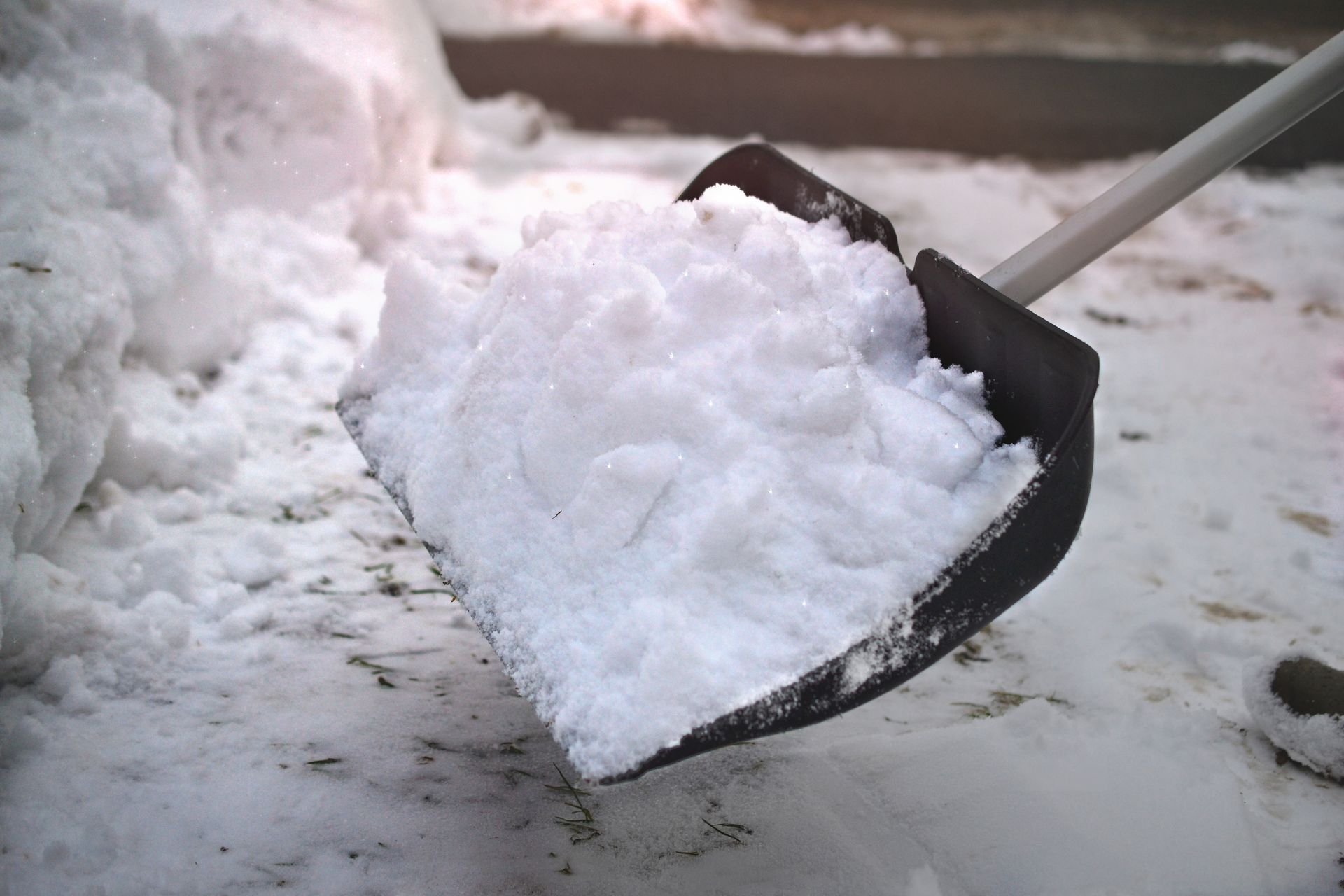 Snow-filled shovel clearing a snow-covered surface outdoors.