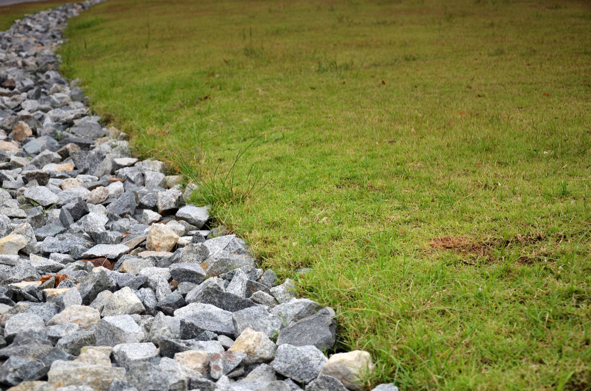 A row of rocks sitting next to a lush green field.