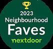 A green circle with the words `` neighborhood faves nextdoor '' on it.
