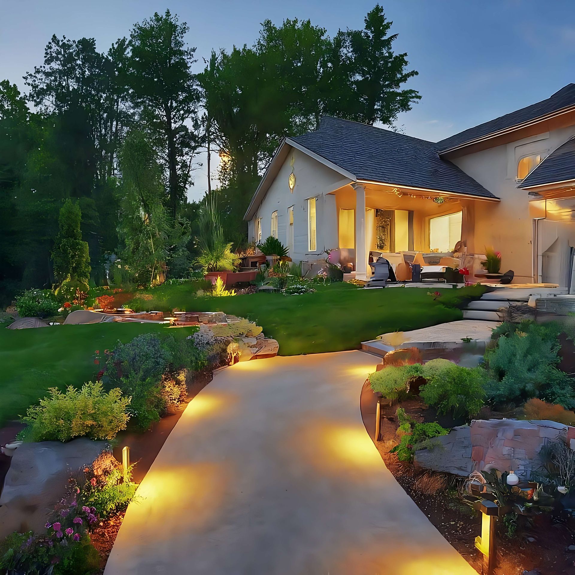 A walkway leading to a house is lit up at night