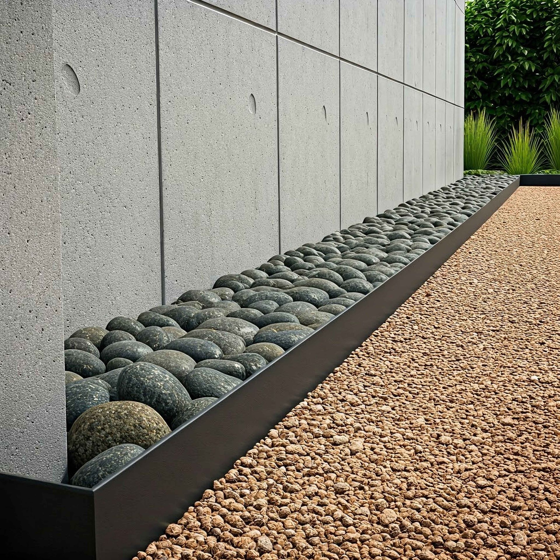 A row of rocks and gravel next to a steel edging.