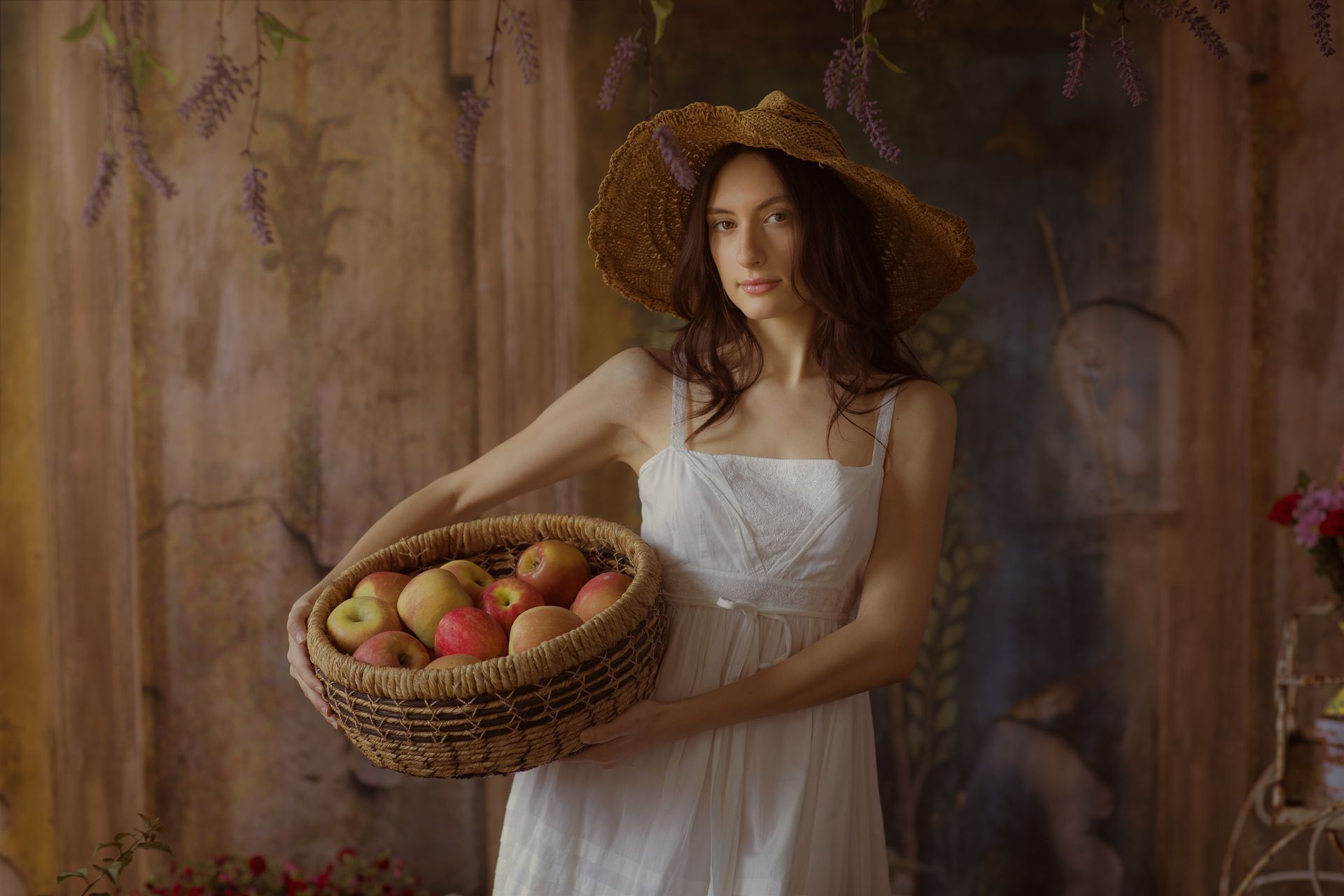 woman, girl, apples, white dress, old masters