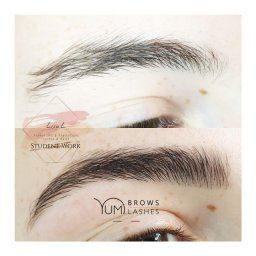 Un gros plan des sourcils d'une femme avant et après le maquillage permanent.