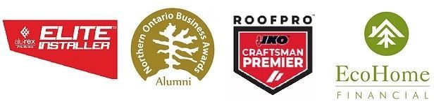 Logos: Elite Installer, Northern Ontario Business Awards, RoofPro IKO Craftsman Premier, EcoHome Financial.