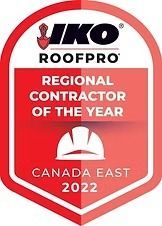 IKO RoofPro Regional Contractor of the Year award, Canada East 2022. Red and white logo with hardhat icon.