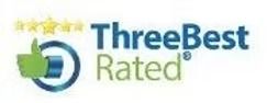 Logo of "ThreeBest Rated" with a green thumbs-up icon inside a circle, above text and stars.