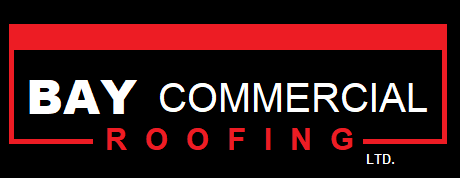 Logo for Bay Commercial Roofing Ltd. in white and red text on a black background.