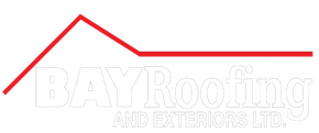 Logo for Bay Roofing, featuring a red roof outline above the text "BAY Roofing".